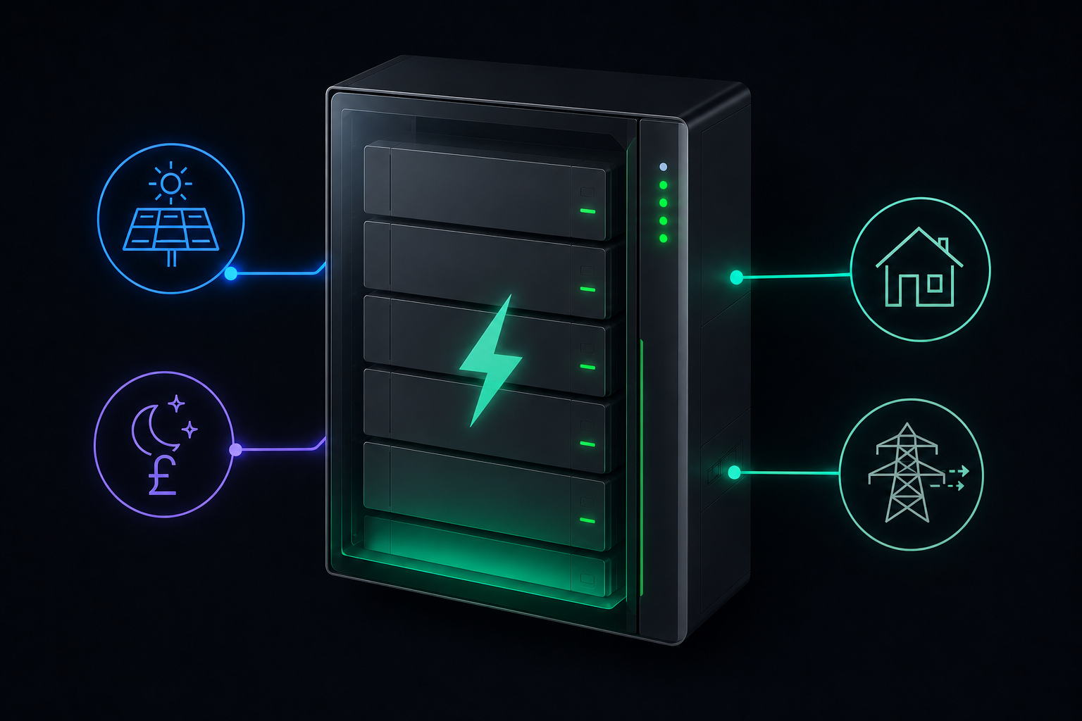 3D render of a home battery unit storing solar energy and discharging to the home and grid