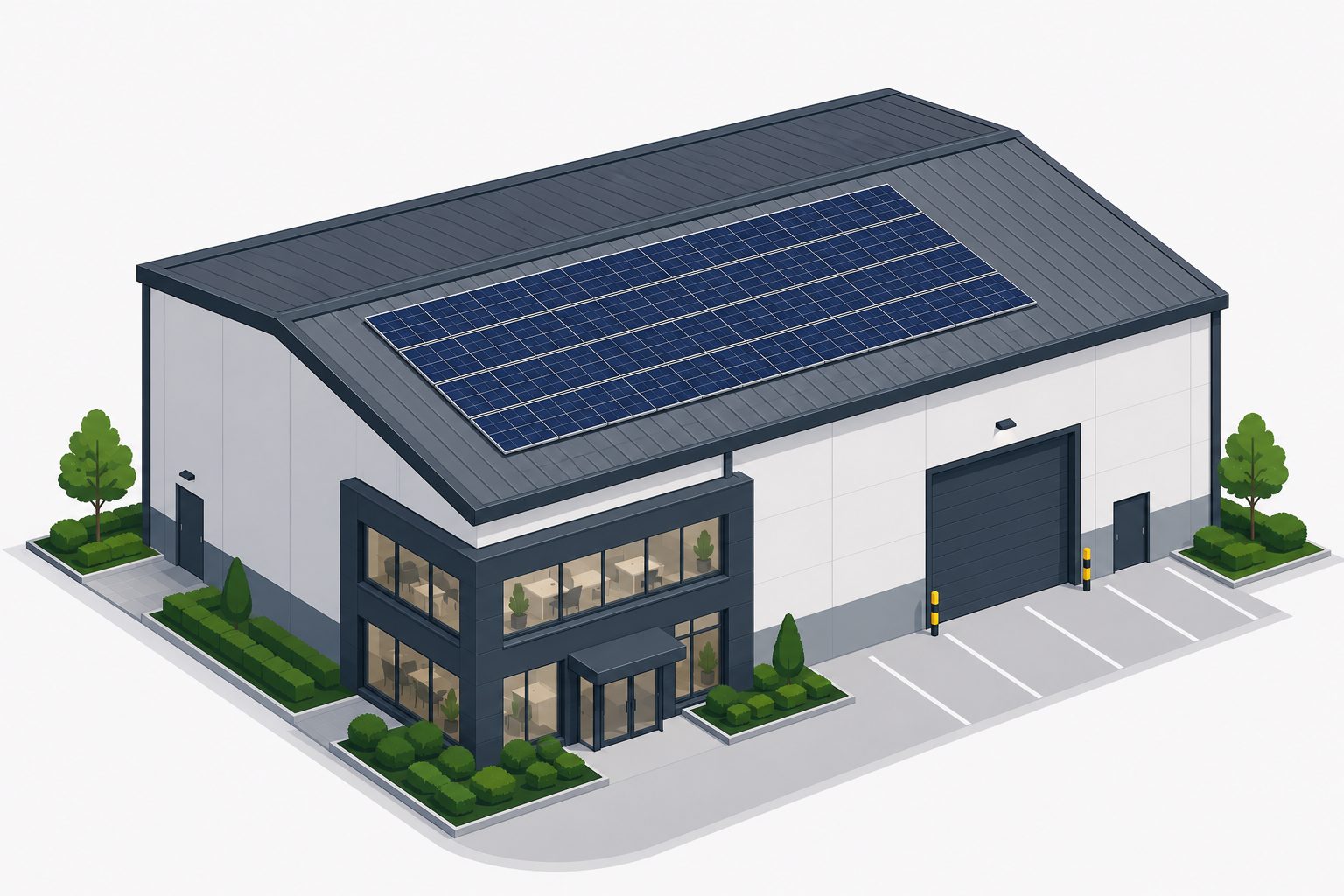 Isometric illustration of a commercial warehouse with rooftop solar panels